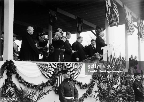 Dedication of Monument to John Paul Jones, 17 April 1912. Mrs. Taft; Unidentified; Naval officer, Unidentified; Adm. Dewey; Sec. Meyer; Taft; Sec....