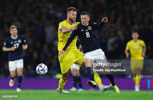 Andriy Yarmolenko of Ukraine and Callum McGregor of Scotland battle for the ball during the UEFA Nations League League B Group 1 match between...