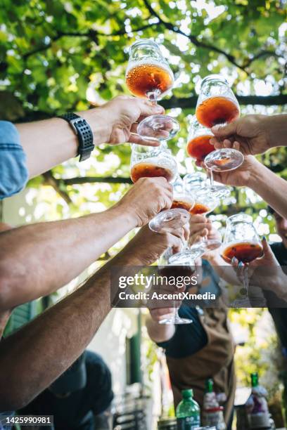 low angle view of arms raising glasses of beer for a toast - agritoerisme stockfoto's en -beelden