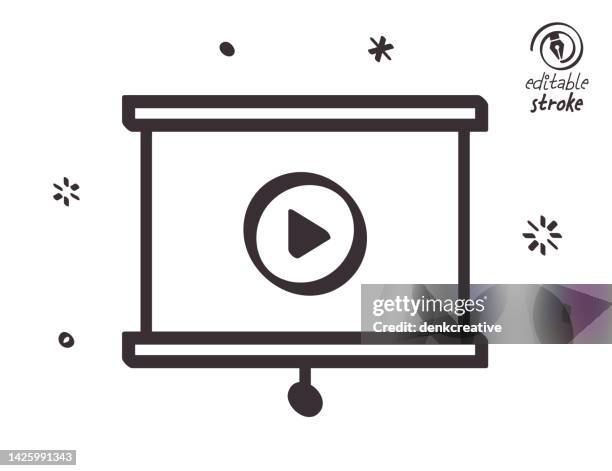 playful line illustration for presentation wizard - pointing at projector screen stock illustrations