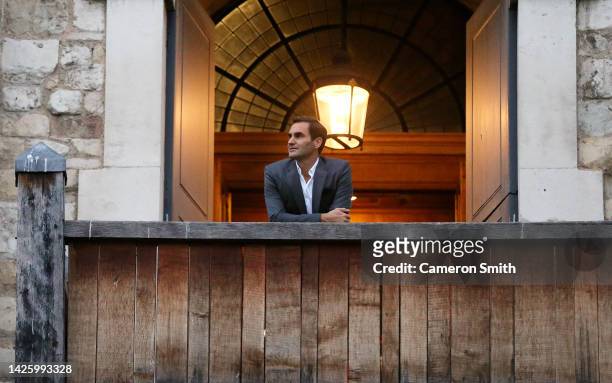 Roger Federer of Team Europe looks on from the Tower of London ahead of the Laver Cup at The O2 Arena on September 21, 2022 in London, England.