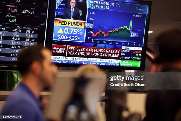 Traders work in the S&P options pit at the Cboe Global Markets exchange as the Federal Reserve announced it was raising interest rates on September...