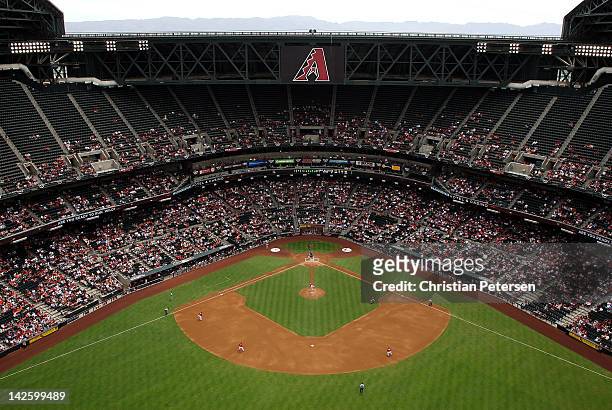 General view of action as starting pitcher Josh Collmenter of the Arizona Diamondbacks pitches against the San Francisco Giants during the first...