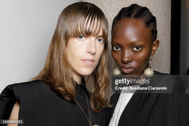 Model poses backstage at the Calcaterra Fashion Show during the Milan Fashion Week Womenswear Spring/Summer 2023 on September 21, 2022 in Milan,...