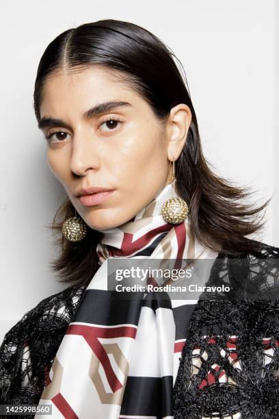 Model poses backstage at the Calcaterra Fashion Show during the Milan Fashion Week Womenswear Spring/Summer 2023 on September 21, 2022 in Milan,...