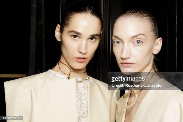 Models pose backstage at the Calcaterra Fashion Show during the Milan Fashion Week Womenswear Spring/Summer 2023 on September 21, 2022 in Milan,...