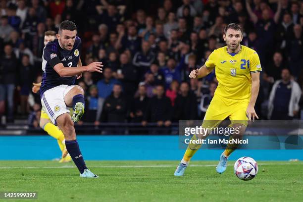 John McGinn of Scotland scores their team's first goal during the UEFA Nations League League B Group 1 match between Scotland and Ukraine at Hampden...