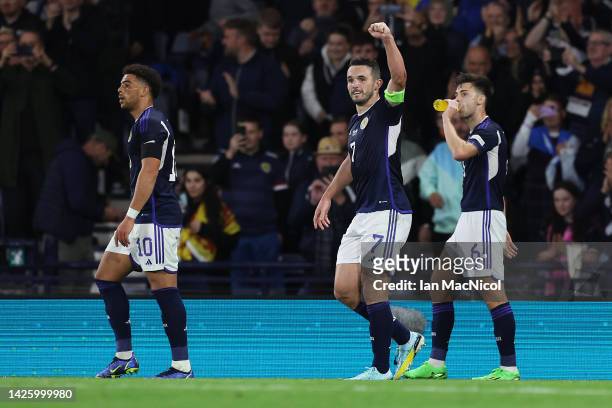 John McGinn of Scotland celebrates after scoring their team's first goal during the UEFA Nations League League B Group 1 match between Scotland and...