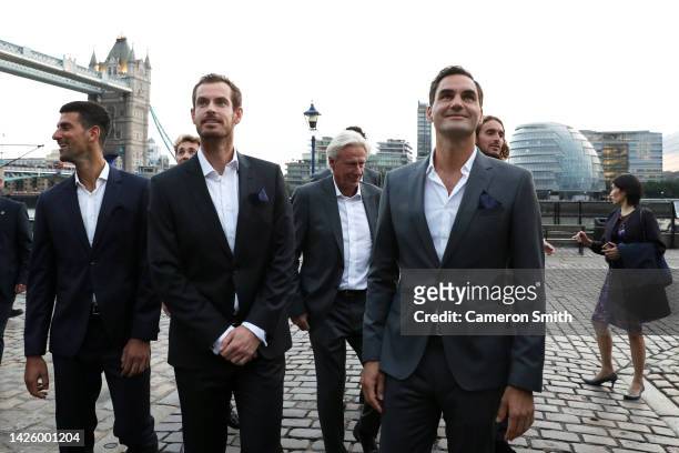 Andy Murray and Roger Federer of Team Europe smiles ahead of the Laver Cup at The O2 Arena on September 21, 2022 in London, England.