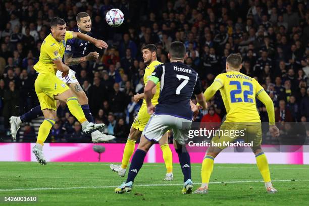 Lyndon Dykes of Scotland scores their team's second goal during the UEFA Nations League League B Group 1 match between Scotland and Ukraine at...