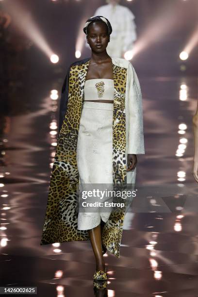 Model walks the runway of the Roberto Cavalli Fashion Show during the Milan Fashion Week Womenswear Spring/Summer 2023 on September 21, 2022 in...