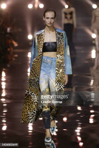 Model walks the runway of the Roberto Cavalli Fashion Show during the Milan Fashion Week Womenswear Spring/Summer 2023 on September 21, 2022 in...