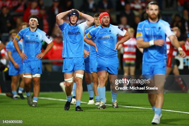 Theo Mayall of Worcester Warriors reacts after conceding a try during the Premiership Rugby Cup match between Gloucester and Worcester Warriors at...