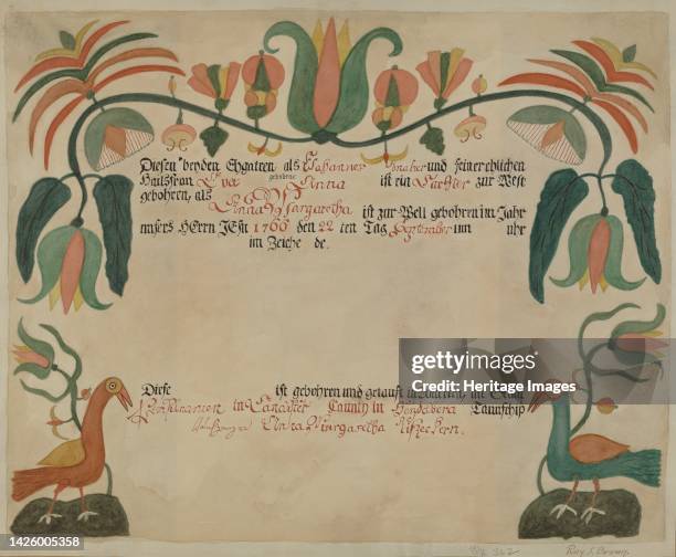 Pa. German Birth and Baptismal Certificate, 1935/1942. Artist Roy S. Brown.