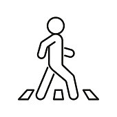 Pedestrian at crosswalk, person on road, line icon. Safely cross road symbol. Vector
