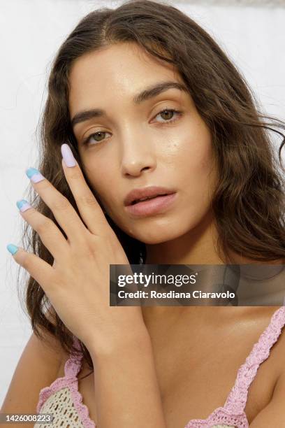 Model poses backstage at the Marco Rambaldi Fashion Show during the Milan Fashion Week Womenswear Spring/Summer 2023 on September 21, 2022 in Milan,...