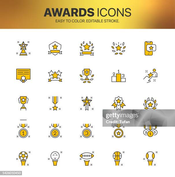 ilustraciones, imágenes clip art, dibujos animados e iconos de stock de conjunto de iconos de premios. colorido icono de trofeo, medalla, premio, beca, nominación y símbolos del ganador - beca