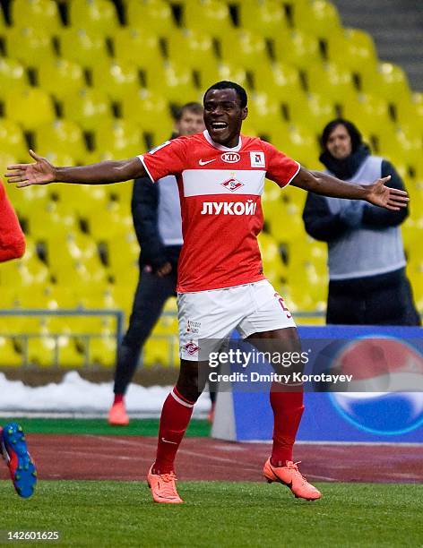 Emmanuel Emenike of FC Spartak Moscow celebrates after scoring the opening goal during the Russian Football League Championship match between FC...