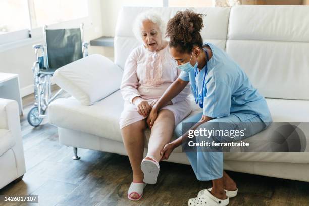 senior woman getting physical therapy treatment at home - varicose vein stock pictures, royalty-free photos & images