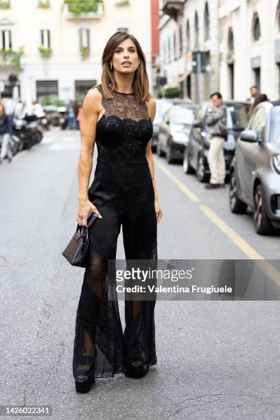 Showgirl and actress Elisabetta Canalis is seen at Alberta Ferretti show during the Milan Fashion Week - Womenswear Spring/Summer 2023 on September...