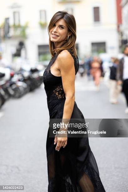 Showgirl and actress Elisabetta Canalis is seen at Alberta Ferretti show during the Milan Fashion Week - Womenswear Spring/Summer 2023 on September...