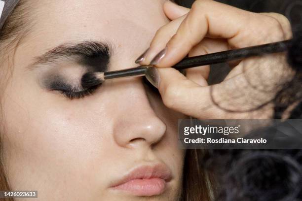 Model is seen during the make up in backstage at the AC9 Fashion Show during the Milan Fashion Week Womenswear Spring/Summer 2023 on September 21,...