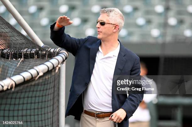 General Manager Mike Elias of the Baltimore Orioles watches batting practice before the game against the Detroit Tigers at Oriole Park at Camden...