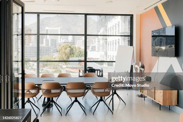 empty boardroom, conference or meeting room with table, chair and whiteboard. business presentation office, corporate company interior space, tv or screen and furniture in modern company workplace - board room background stock pictures, royalty-free photos & images