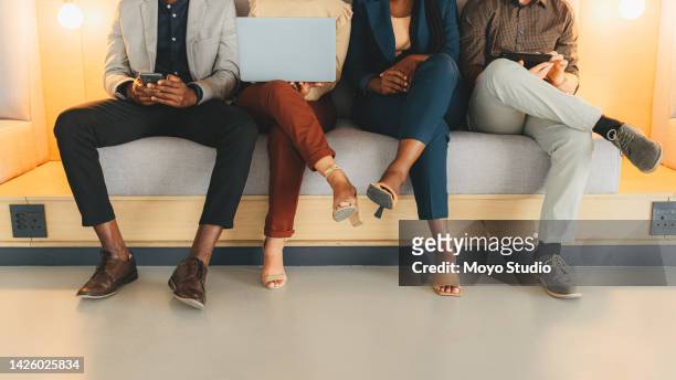 job interview, we are hiring and business people waiting as potential office workers on a sofa. team, staff and group online using technology to wait for a meeting with corporate management employees - we are hiring stockfoto's en -beelden