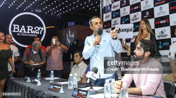 Juan Manuel Marquez speaks at All Time Legends Boxing press conference at Bar 27 on September 21, 2022 in Cancun, Mexico.
