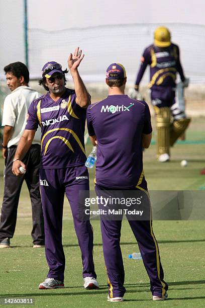 Kolkata Knight Riders team's bowling coach Wasim Akram during a practice session a day before their IPL 5 match against Rajasthan Royals in Jaipur on...
