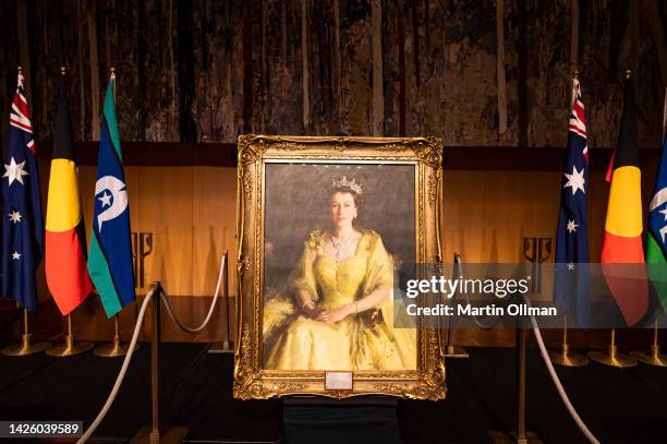 Preparations for the National Memorial Service for Queen Elizabeth II at Parliament House on September 22, 2022 in Canberra, Australia. Queen...