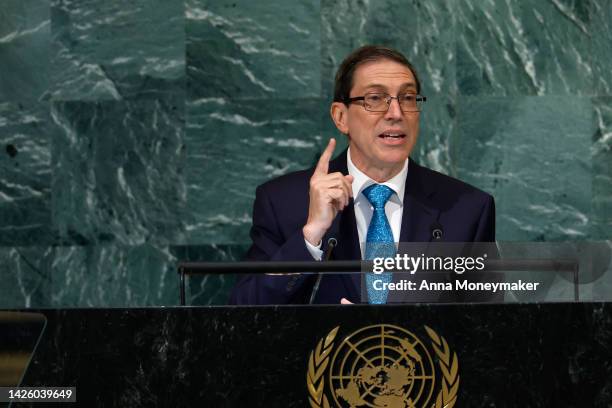 Cuban Foreign Minister Bruno Rodríguez Parrilla speaks during the 77th session of the United Nations General Assembly at U.N. Headquarters on...