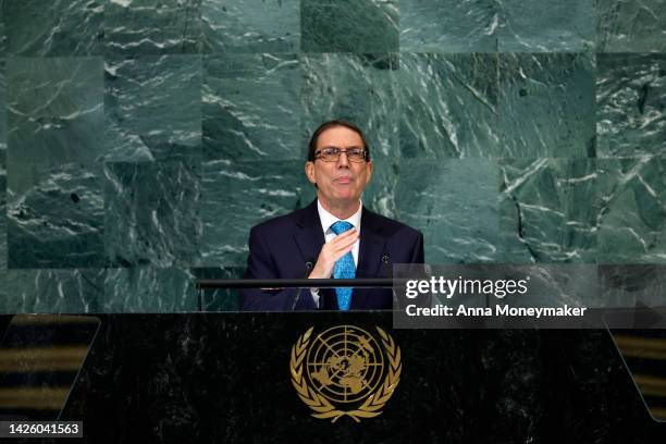 Cuban Foreign Minister Bruno Rodríguez Parrilla speaks during the 77th session of the United Nations General Assembly at U.N. Headquarters on...