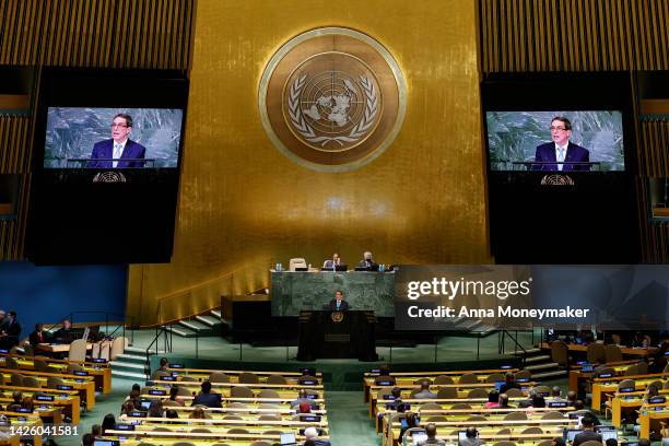 Cuban Foreign Minister Bruno Rodríguez Parrilla speaks during the 77th session of the United Nations General Assembly at U.N. Headquarters on...