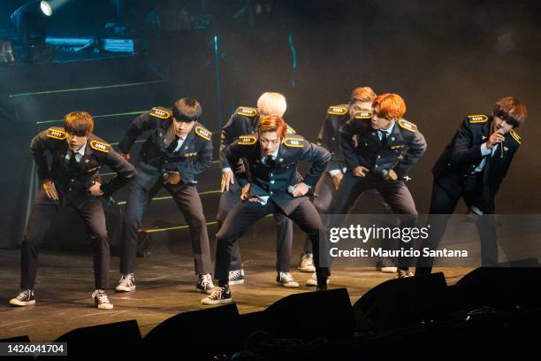 July 31: Jin, Suga, J-Hope, RM, Jimin, V and Jungkook members of the K-pop group BTS know as Bulletproof Boy Scouts performs live on stage with the...