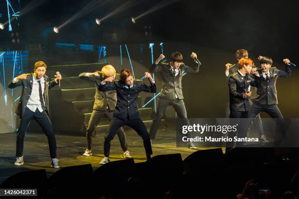 July 31: Jin, Suga, J-Hope, RM, Jimin, V and Jungkook members of the K-pop group BTS know as Bulletproof Boy Scouts performs live on stage with the...