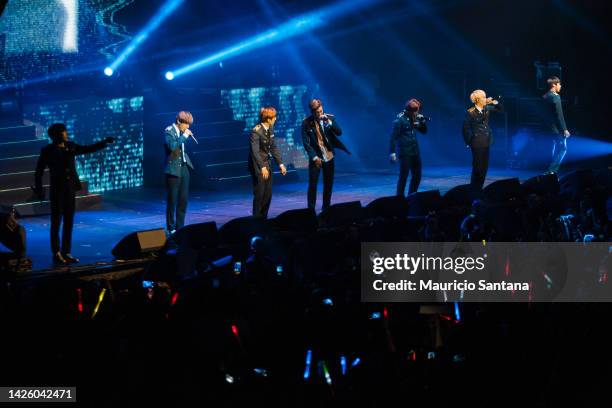 July 31: Jin, Suga, J-Hope, RM, Jimin, V and Jungkook members of the K-pop group BTS know as Bulletproof Boy Scouts performs live on stage with the...