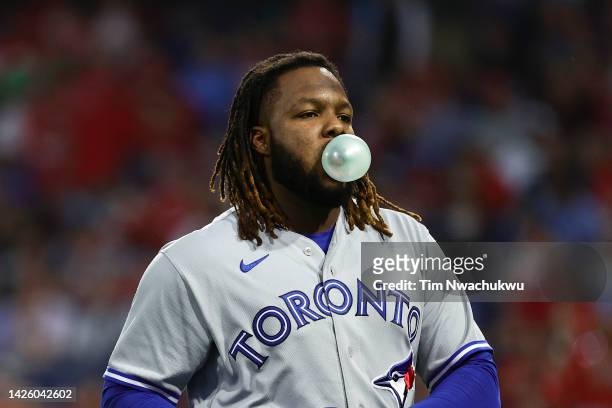 Vladimir Guerrero Jr. #27 of the Toronto Blue Jays looks on during the first inning against the Philadelphia Phillies at Citizens Bank Park on...