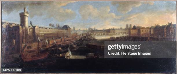 Grande Galerie of the Louvre, with new gate, the Pont-Neuf, the city, the college des Quatres-Nations under construction and Quai Malaquais, around...