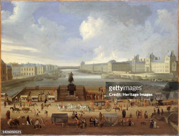 Pont-Neuf, seen from entrance to Place Dauphine, Malaquais quay with College des Quatre Nations, the Grande Galerie and Louvre, around 1669, current...