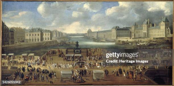 Pont-Neuf, seen from entrance to Place Dauphine, the Malaquais quay with College des Quatre Nations, the Grande Galerie and the Louvre, around 1669....