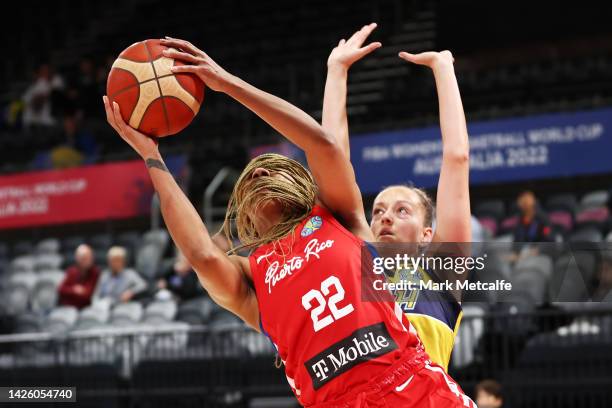 Arella Guirantes of Puerto Rico drives at the basket during the 2022 FIBA Women's Basketball World Cup Group A match between Bosnia & Herzegovina and...