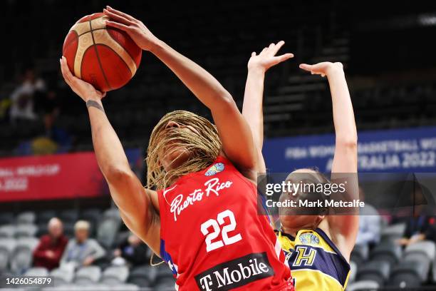Arella Guirantes of Puerto Rico drives at the basket during the 2022 FIBA Women's Basketball World Cup Group A match between Bosnia & Herzegovina and...