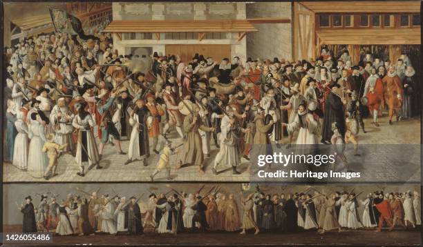 Procession of the League on l'ile de la Cite, leaving Notre-Dame, circa 1590. Artist Francois Bunel.