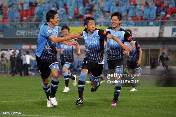 Kengo Nakamura of Kawasaki Frontale celebrates scoring his side's second goal during the J.League J1 match between Kawasaki Frontale and Gamba Osaka...