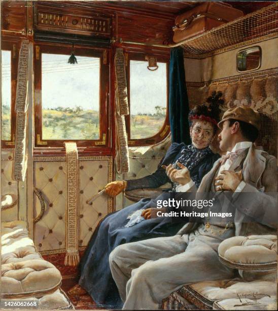 Couple in a train compartment, circa 1895. Artist Ricardo Lepez Cabrera.