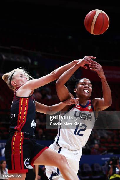 Alyssa Thomas of the United States is challenged by Julie Vanloo of Belgium during the 2022 FIBA Women's Basketball World Cup Group A match between...