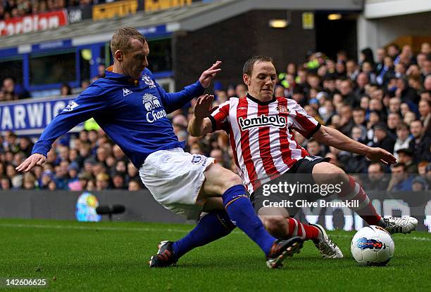 Tony Hibbert of Everton challenges David Vaughan of Sunderland during the Barclays Premier League match between Everton and Sunderland at Goodison...