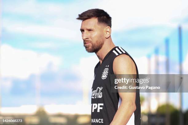 Lionel Messi of Argentina looks on during a training session at Inter Miami Training Camp on September 21, 2022 in Miami, Florida.ar